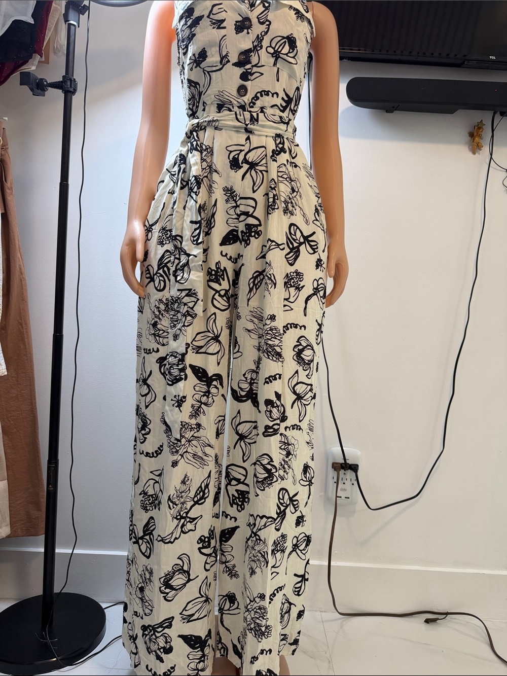 Sleeveless Cream Jumpsuit with Black Floral Print